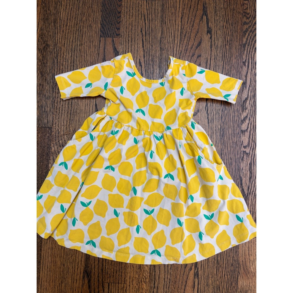 Hanna Andersson Lemon Print Dress Kids 4 Yellow Pockets Cotton Knit Flare